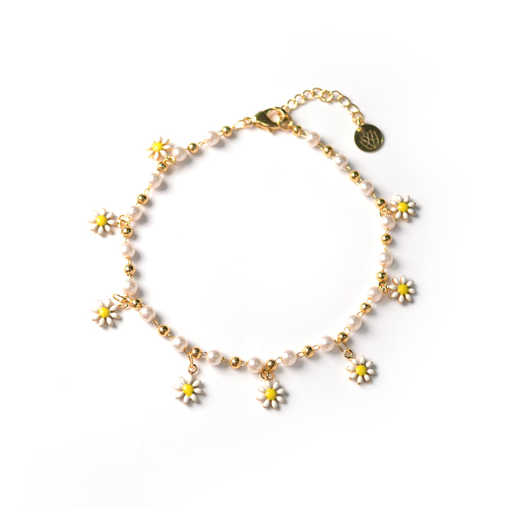 Tobillera Aime con perlas y flores en oro laminado