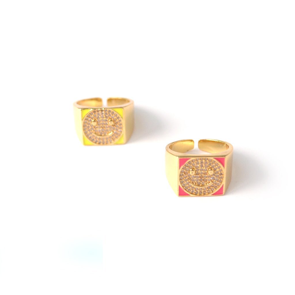 Anillo Happy Face amarillo ajustable con chapa de oro 18K - AMATINA Joyería
