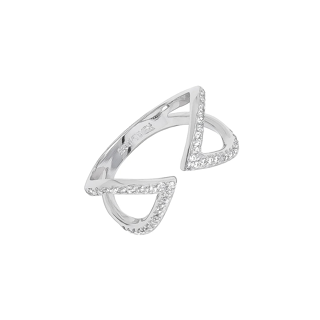 Anillo Victoria ajustable doble V con zirconias de plata con baño de rodio